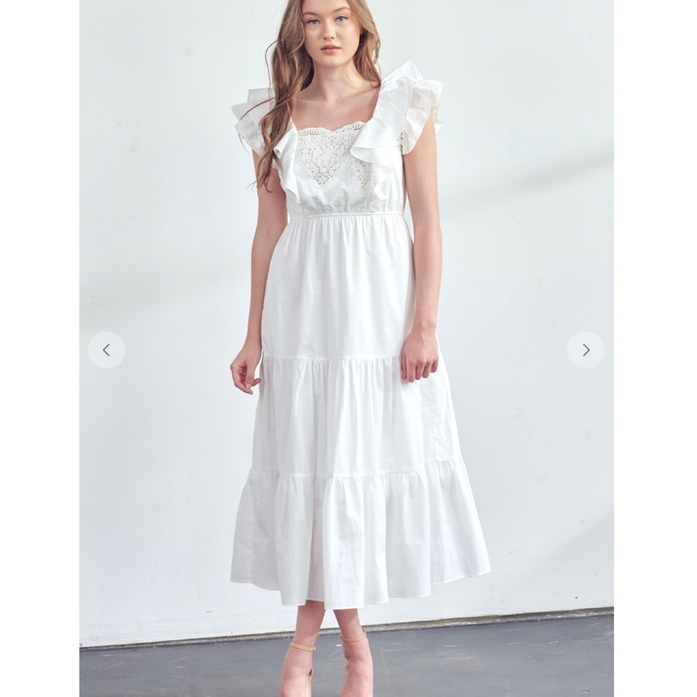 POLAGRAM White Embroidered Crochet Tiered Midi Dress - Picture 6 of 8